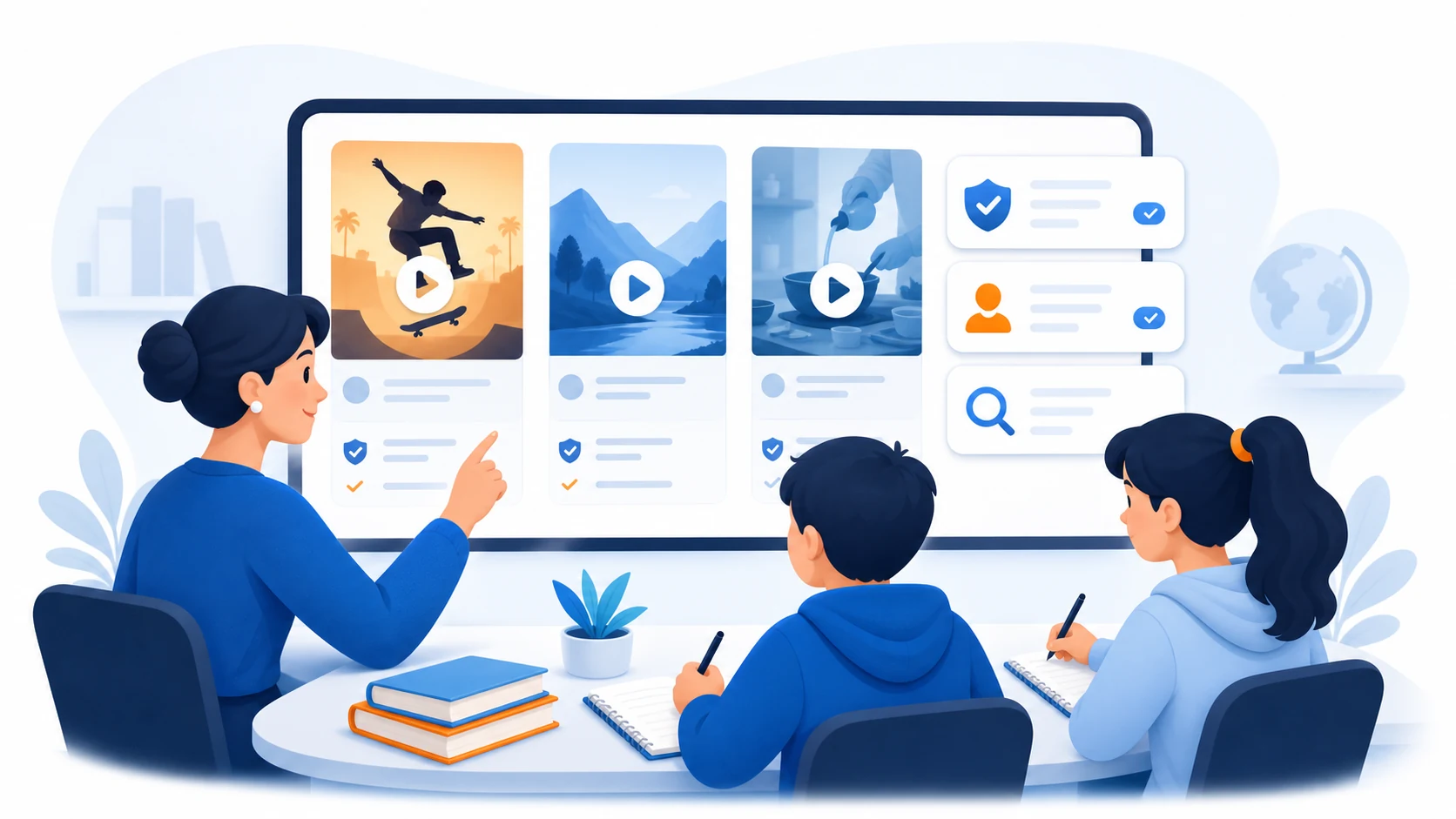 Illustration of an educator and students reviewing public videos